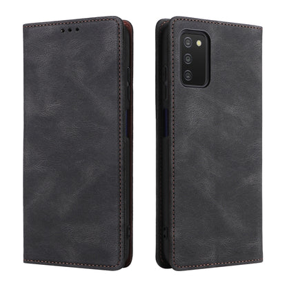 Black leather phone case with flip cover and stitched edges, front and back views