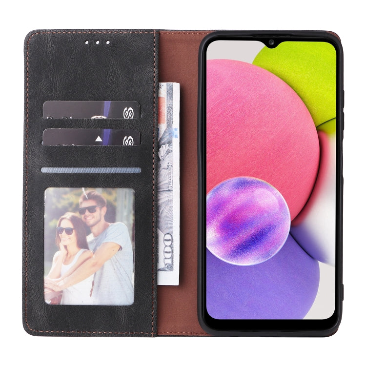 Black leather flip phone case with card holder pocket and suction closure, opened