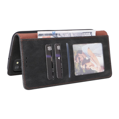Black leather wallet-style phone case with card slots and flip cover, side view