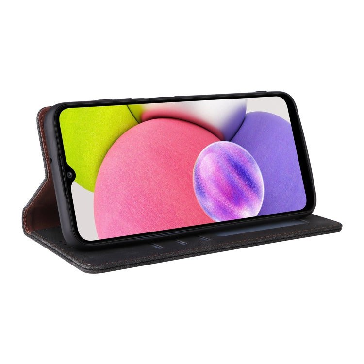 Black leather flip phone case with stand position and suction closure, angled view