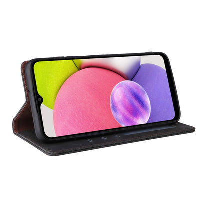 Black leather flip phone case with stand position and suction closure, angled view