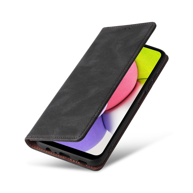 Black leather flip phone case with stitched trim and stand fold, open-side view