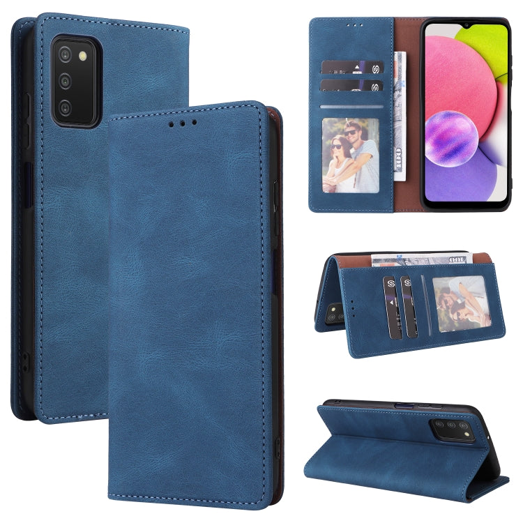 Blue leather folio phone case with card slots, suction closure, and flip stand