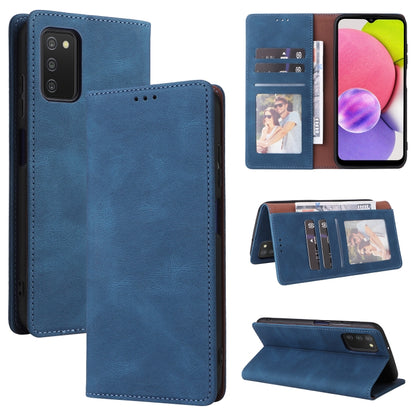 Blue leather folio phone case with card slots, suction closure, and flip stand