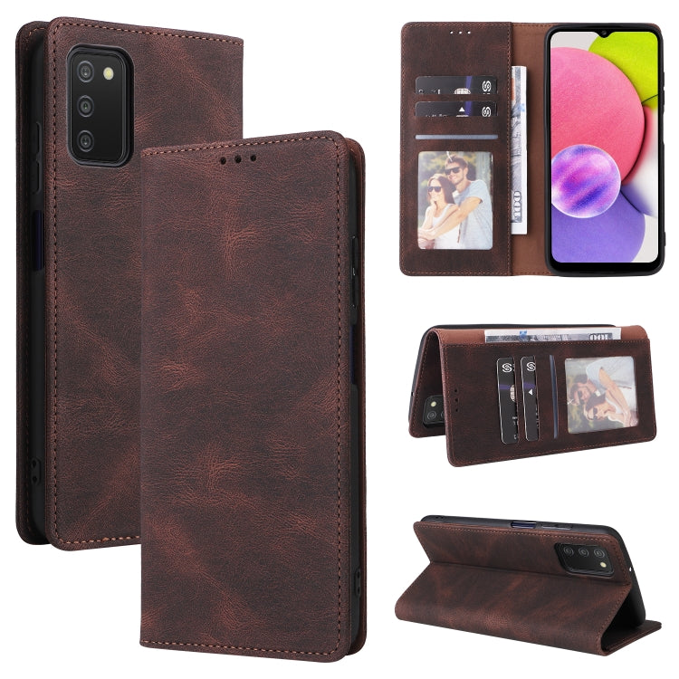 Brown leather flip phone case with card slots and suction closure, protective front cover