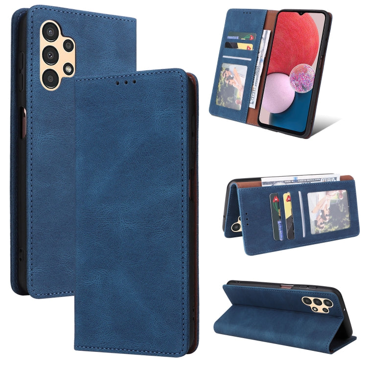 Blue leather wallet phone case with card slots, suction closure, and side card pocket