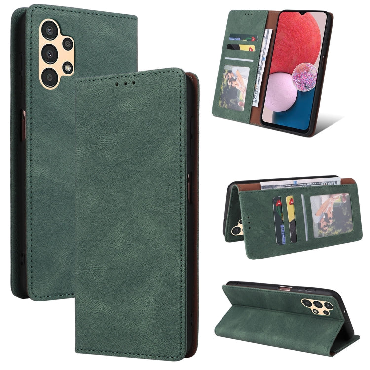 Green leather wallet phone case with card slots, suction closure, and flip stand