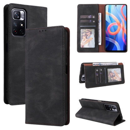 Black leather phone case with card slots, shown closed with back camera cutout and open front