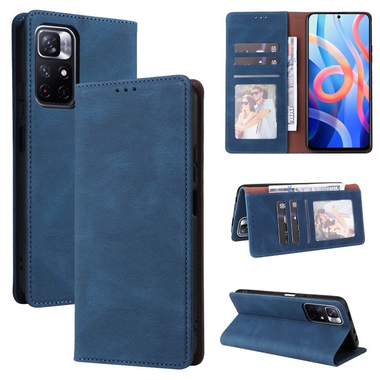 Blue leather folio phone case with card slots, suction closure, and stand cover