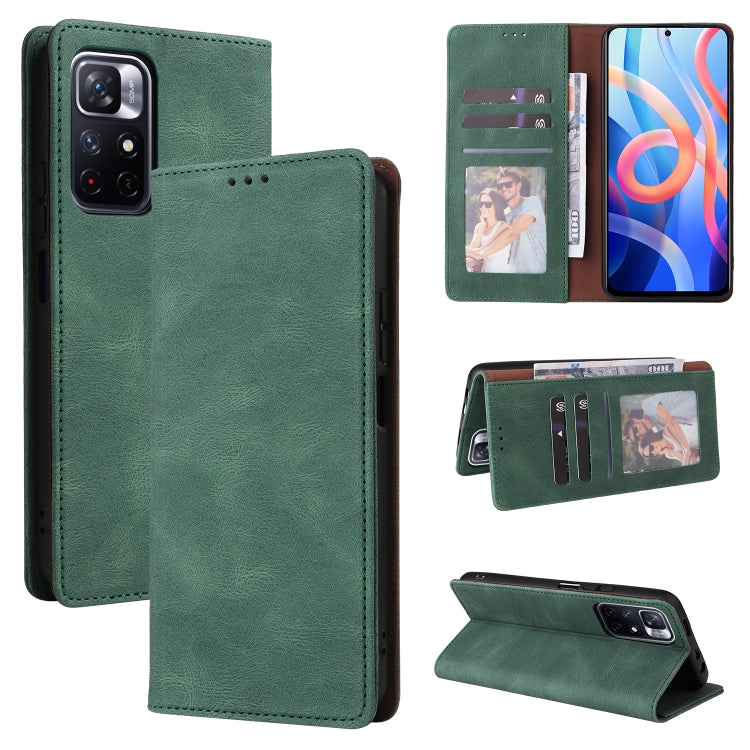 Green leather flip phone case with card slots and suction closure, stand-ready design