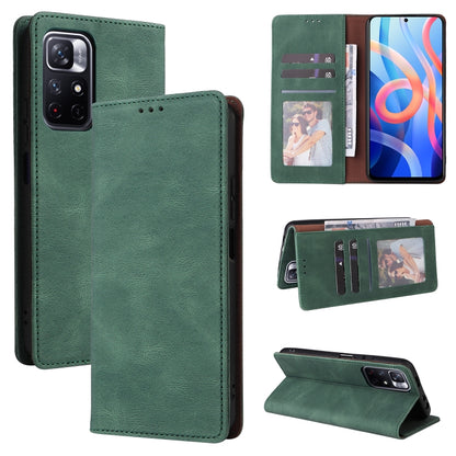 Green leather flip phone case with card slots and suction closure, stand-ready design