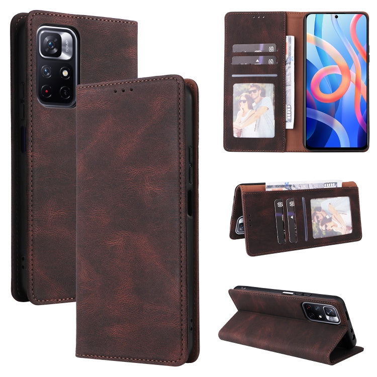 Brown leather flip phone case with stitched edges, card slots, suction closure