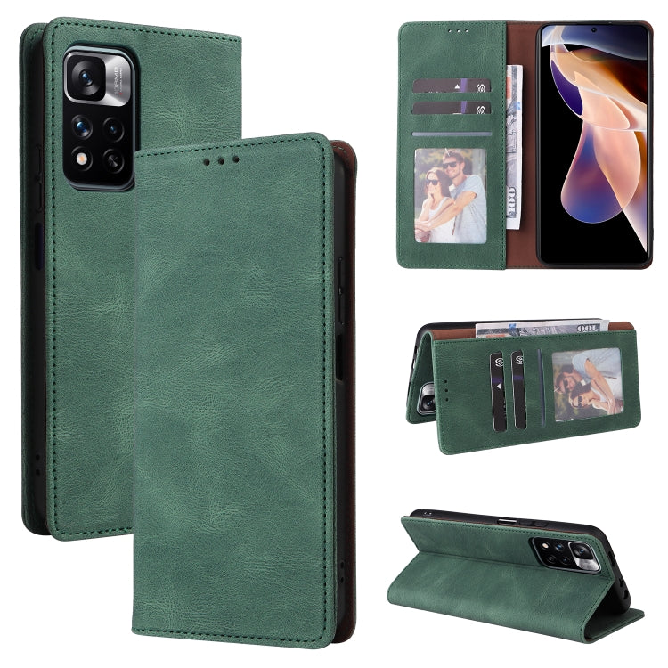 Green leather flip phone case with card slots, suction closure, protective cover design