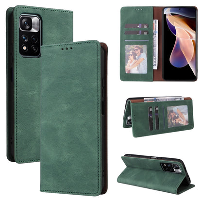 Green leather flip phone case with card slots, suction closure, protective cover design