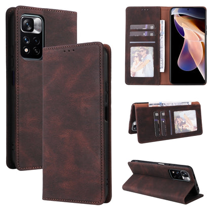 Brown leather flip phone case with card holder and suction closure, phone screen visible