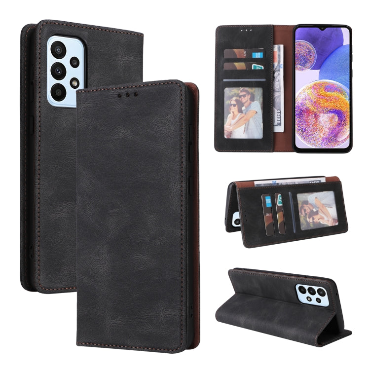 Black leather flip phone case with card holder and stand fold, front and back views