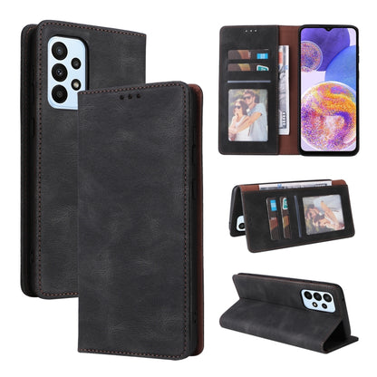 Black leather flip phone case with card holder and stand fold, front and back views