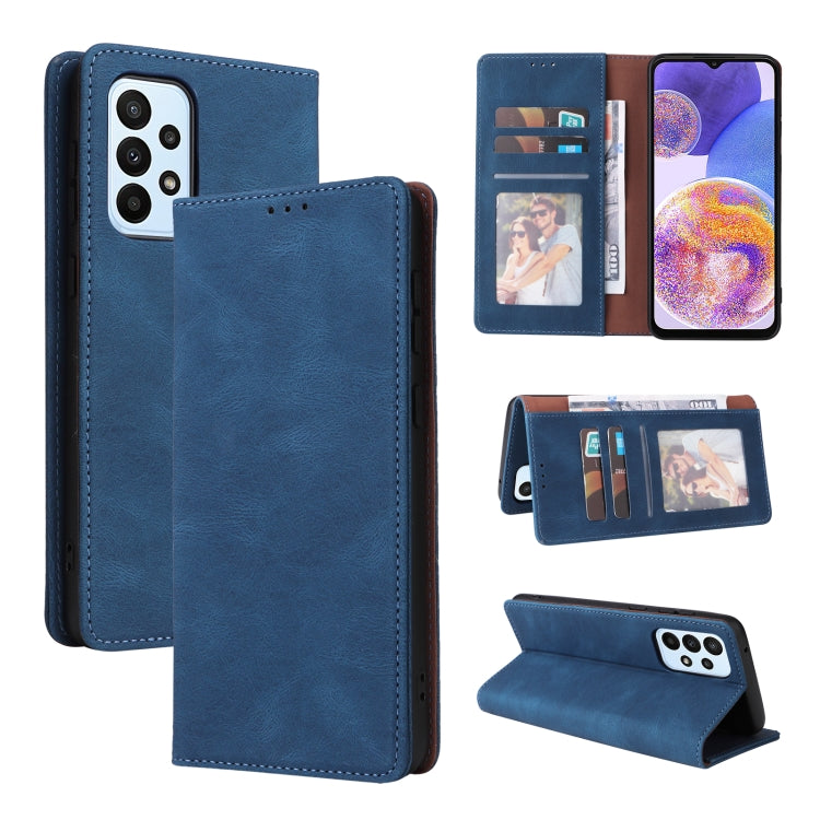 Blue leather folio phone case with card slots and suction closure, front and opened