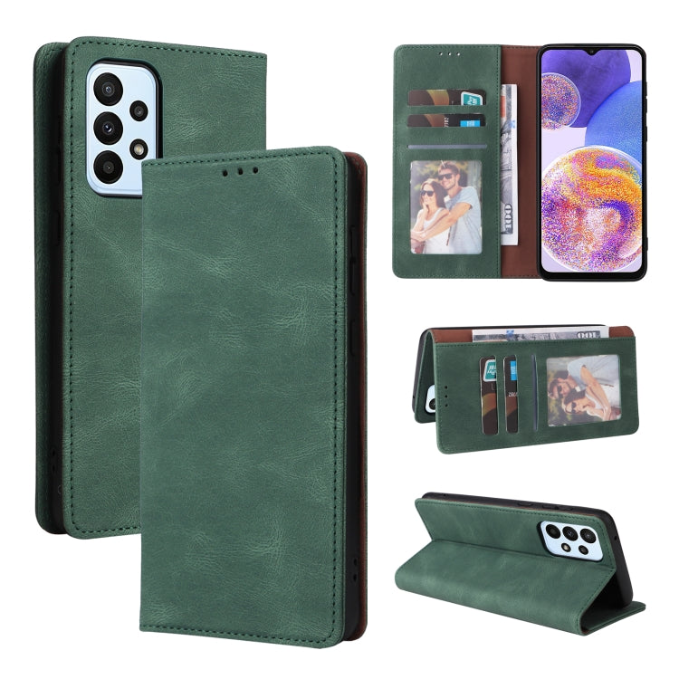 Green leather flip phone case with card holder and suction closure, phone screen visible