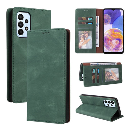 Green leather flip phone case with card holder and suction closure, phone screen visible