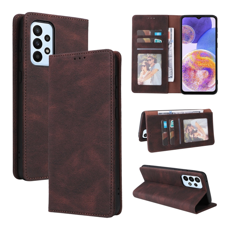 Brown leather flip phone case with card slots and suction closure, includes front and stand views