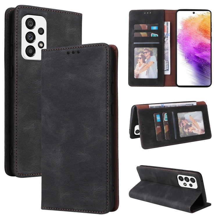 Black leather wallet phone case with card slots and suction closure, closed and open views