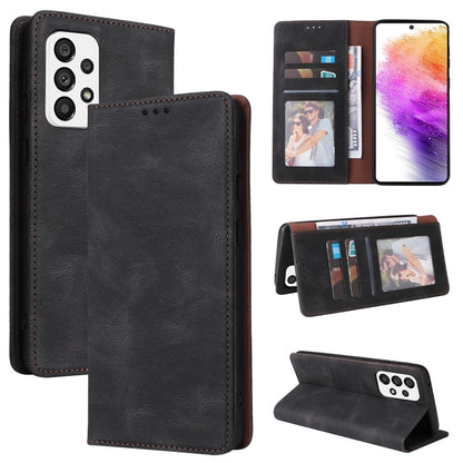 Black leather wallet phone case with card slots and suction closure, closed and open views