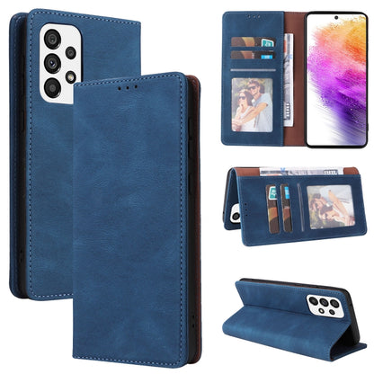 Blue leather wallet phone case with card slots, suction closure, and flip stand