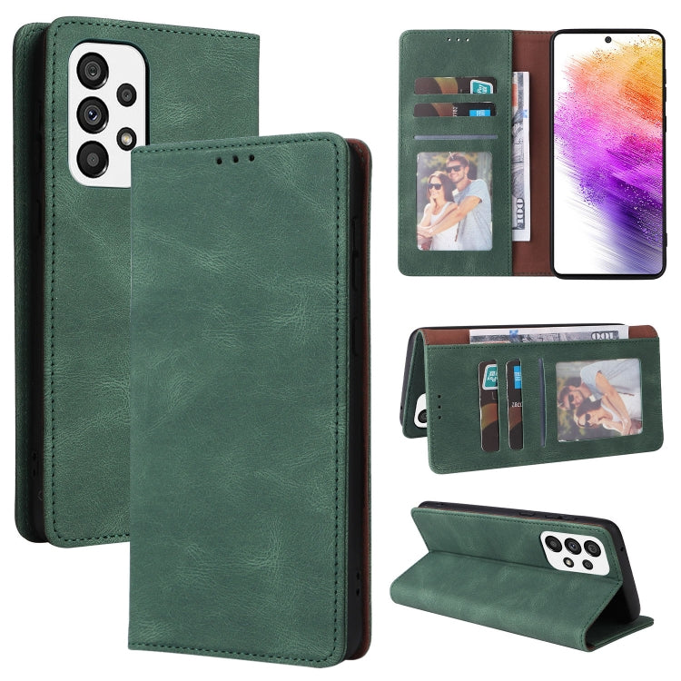 Green leather flip phone case with card slots and suction closure, angled front view