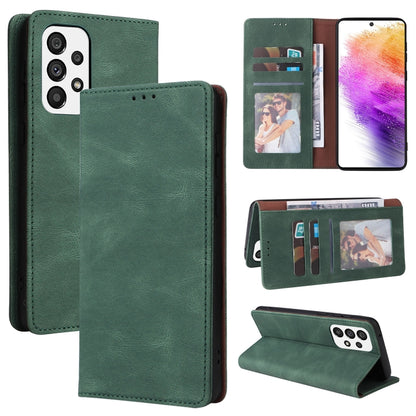 Green leather flip phone case with card slots and suction closure, angled front view