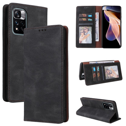 Black leather folio phone case with card slots, suction closure, and flip stand