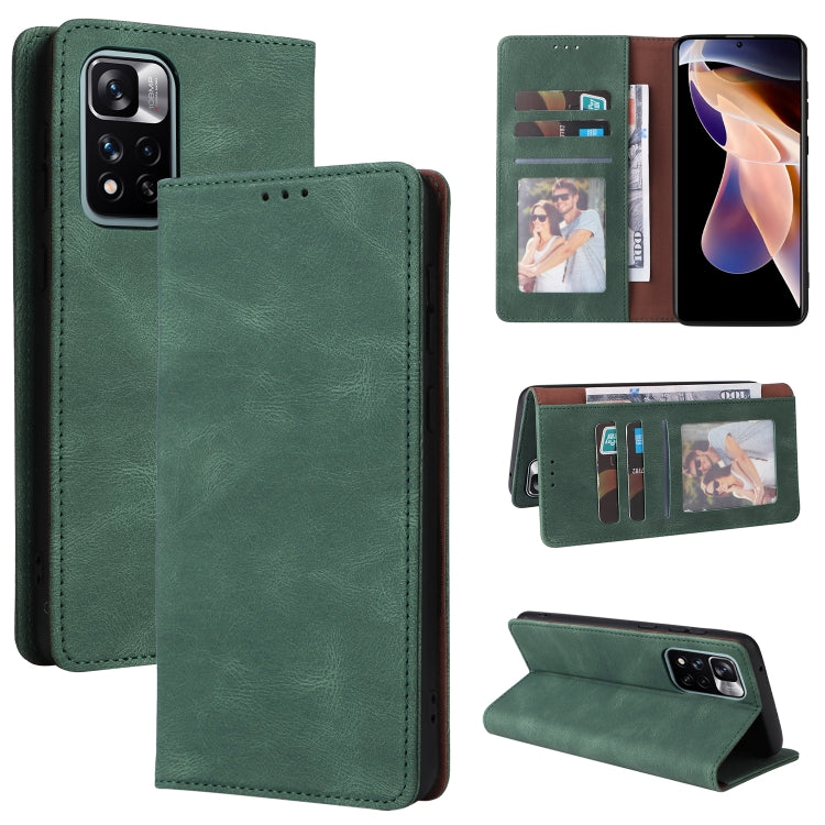 Green leather flip phone case with card slots and suction closure, side and stand angles