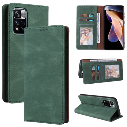 Green leather flip phone case with card slots and suction closure, side and stand angles