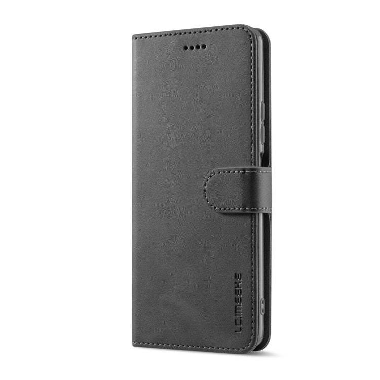 Dark gray calf texture leather flip phone case with stitched card pocket and speaker cutout