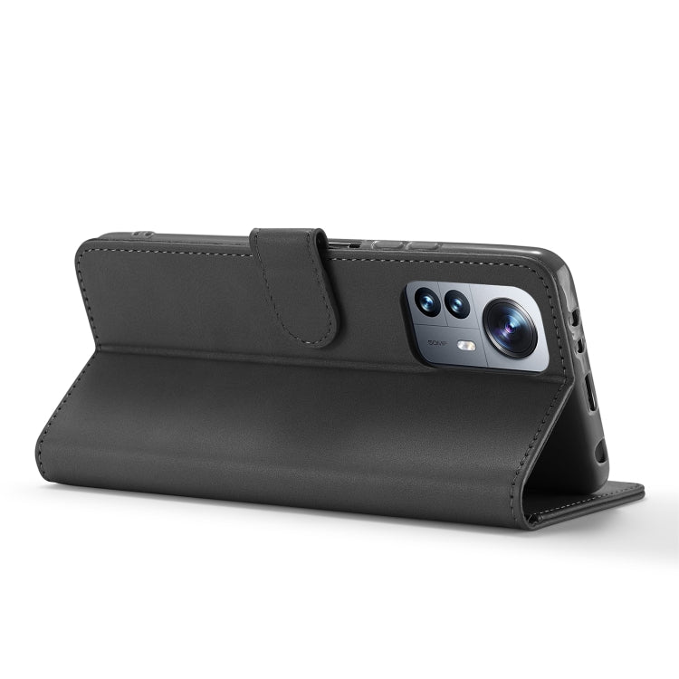 Black calf texture leather flip phone case with front kickstand and camera cutout; black