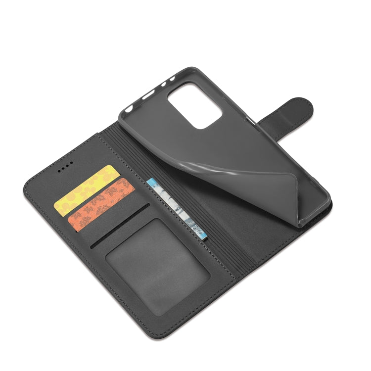Black calf texture leather wallet case with card slots and raised stand flap; black