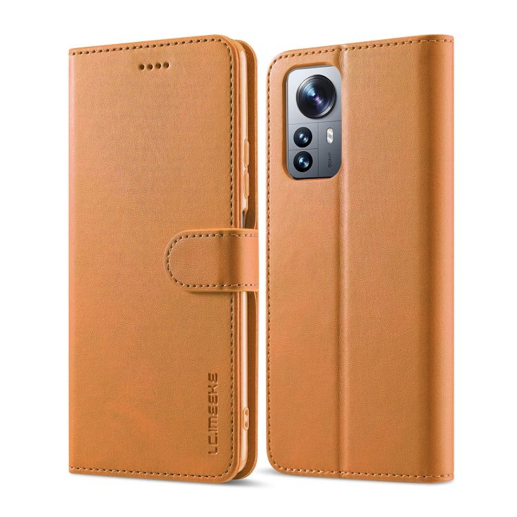 Calf-texture leather phone case for Xiaomi 12 Lite, brown folio with card slot