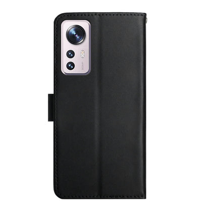 Black genuine leather flip phone case with camera cutout and side opening