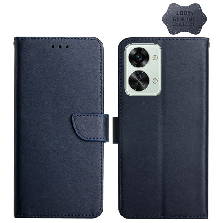 Blue genuine leather horizontal flip phone case with card slot and magnetic strap