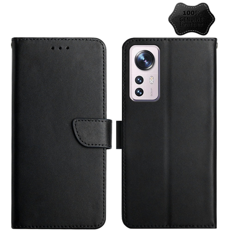 Black genuine leather horizontal flip phone case with camera cutout and front flap
