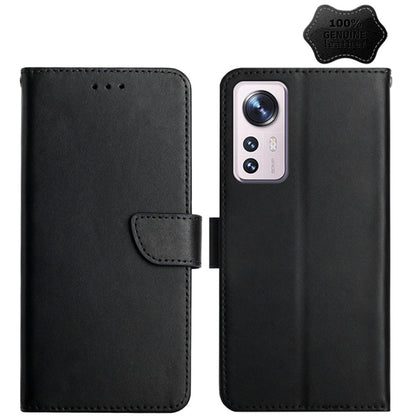 Black genuine leather horizontal flip phone case with camera cutout and front flap