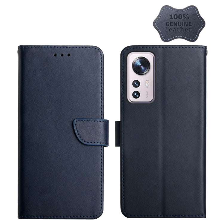 Blue genuine leather horizontal flip phone case with card slot and camera cutout