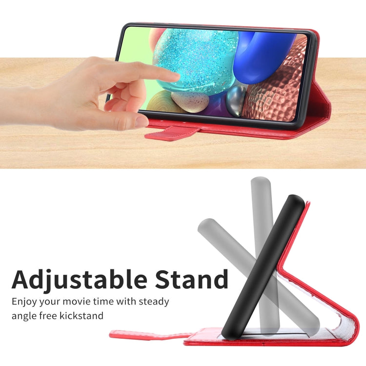 Red flip leather phone case with adjustable stand base showing tilt support