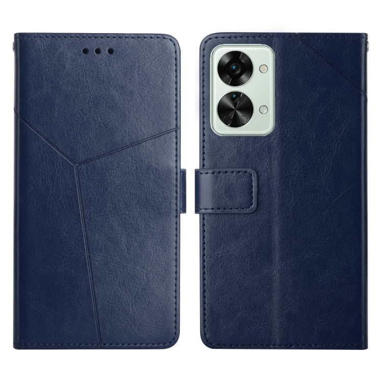 Blue horizontal flip leather phone case with camera cutout and card holder strap