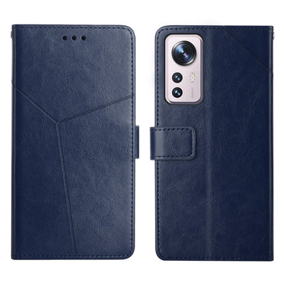 Blue leather flip phone case with camera cutout and card pocket