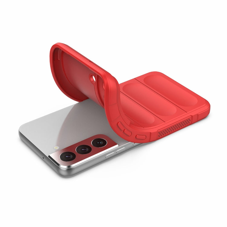 Red rugged phone case partially opened, showing hinge-style protective cover