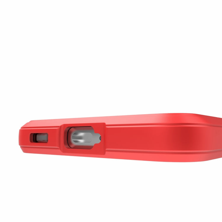 Red rugged phone case side view with port cutout and raised button cover