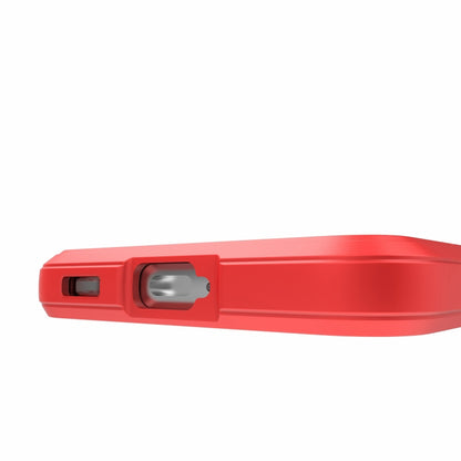 Red rugged phone case side view with port cutout and raised button cover