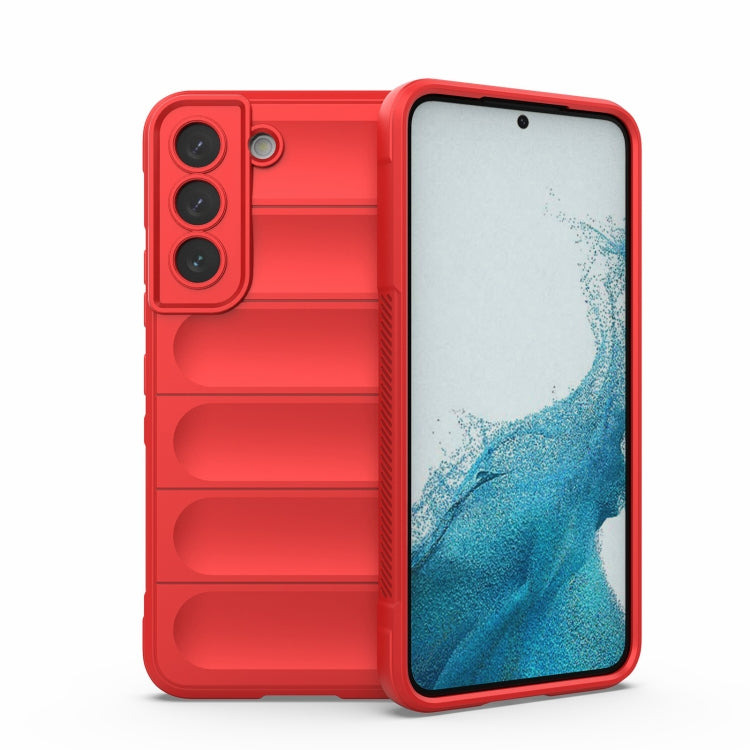 Red rugged phone case with front cover and blue abstract screen visible