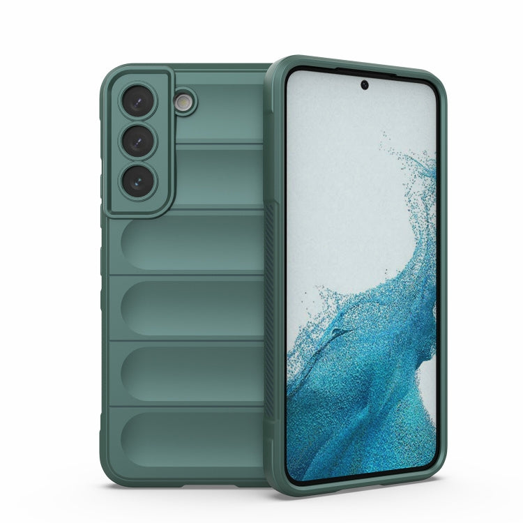 Green rugged phone case with front cover and blue abstract screen visible